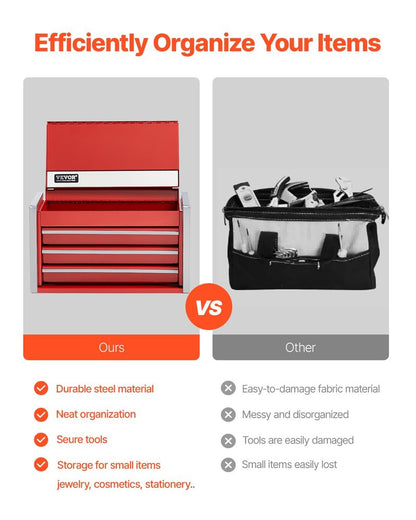 VEVOR Metal Tool Box, 8.6-inch, Portable Metal Tool Box with 3 Drawers, Small Tool Chest with EVA Liners and PP Feet Pads, Heavy-Duty Steel With Ball Bearing Opening and Powder Coated Finish, Red