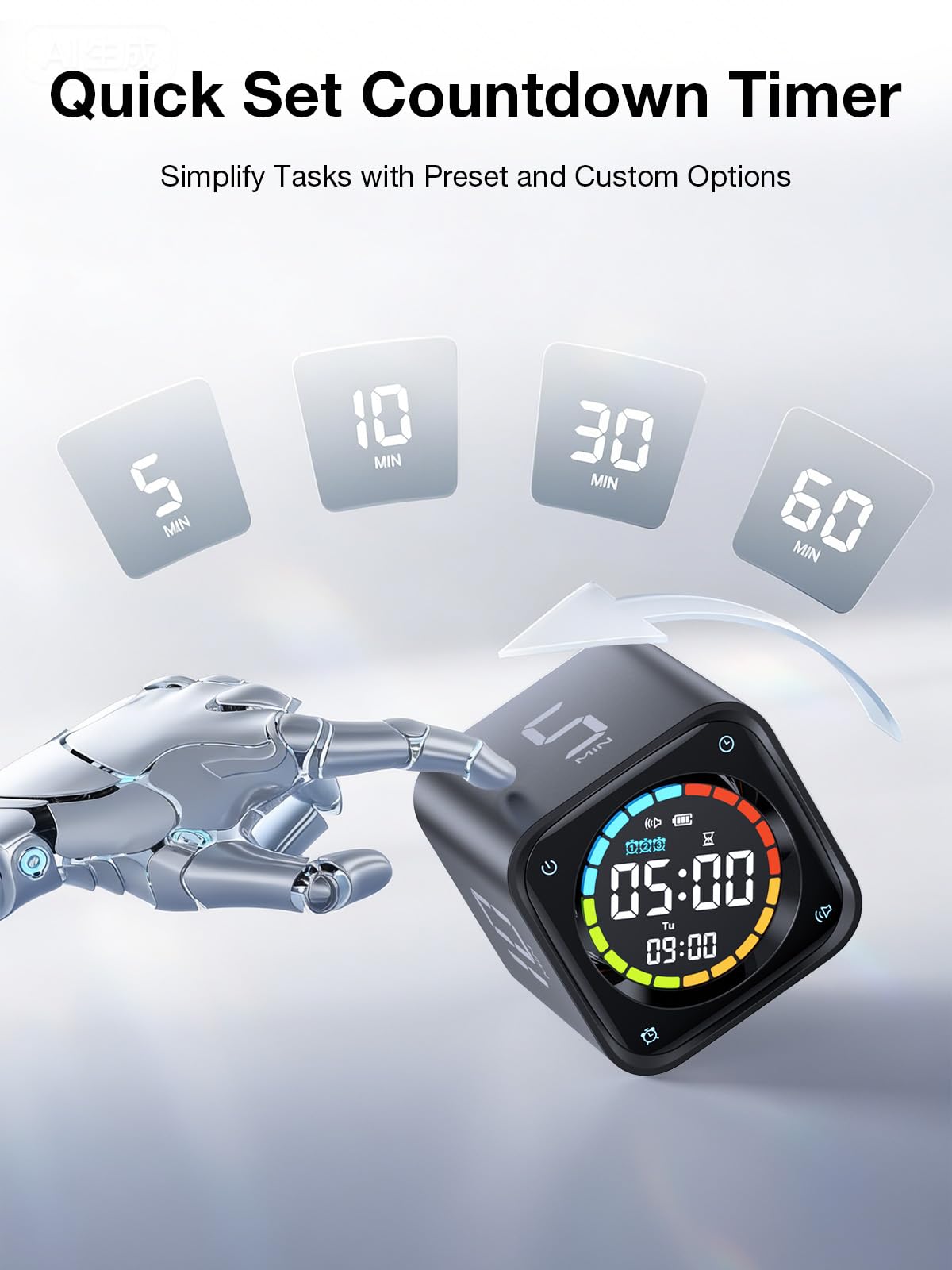 TK3 Pomodoro Timer Cube, Desk Productivity Timer with 5/10/30/60 Min Presets, Custom Countdown, Stopwatch, Clock, 3 Alarm, Silent, Vibrate & Sound Alert, for Task, ADHD, Study, Kitchen, Black