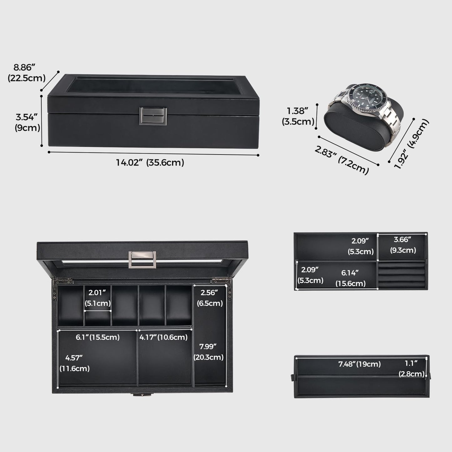 ProCase Men's Jewelry Box, 5-Slot Watch Display Case Jewellry Storage Organizer for Sunglasses Rings Accessories with Hidden Compartment, Watch Holder with Glass Lid, Fathers Day Gift -Black