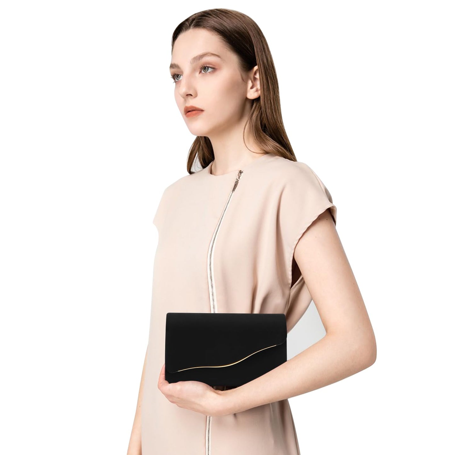 CurvChic Clutch Purses for Women Evening Bag Faux Suede Formal Party Wedding Cocktail Prom(Black)