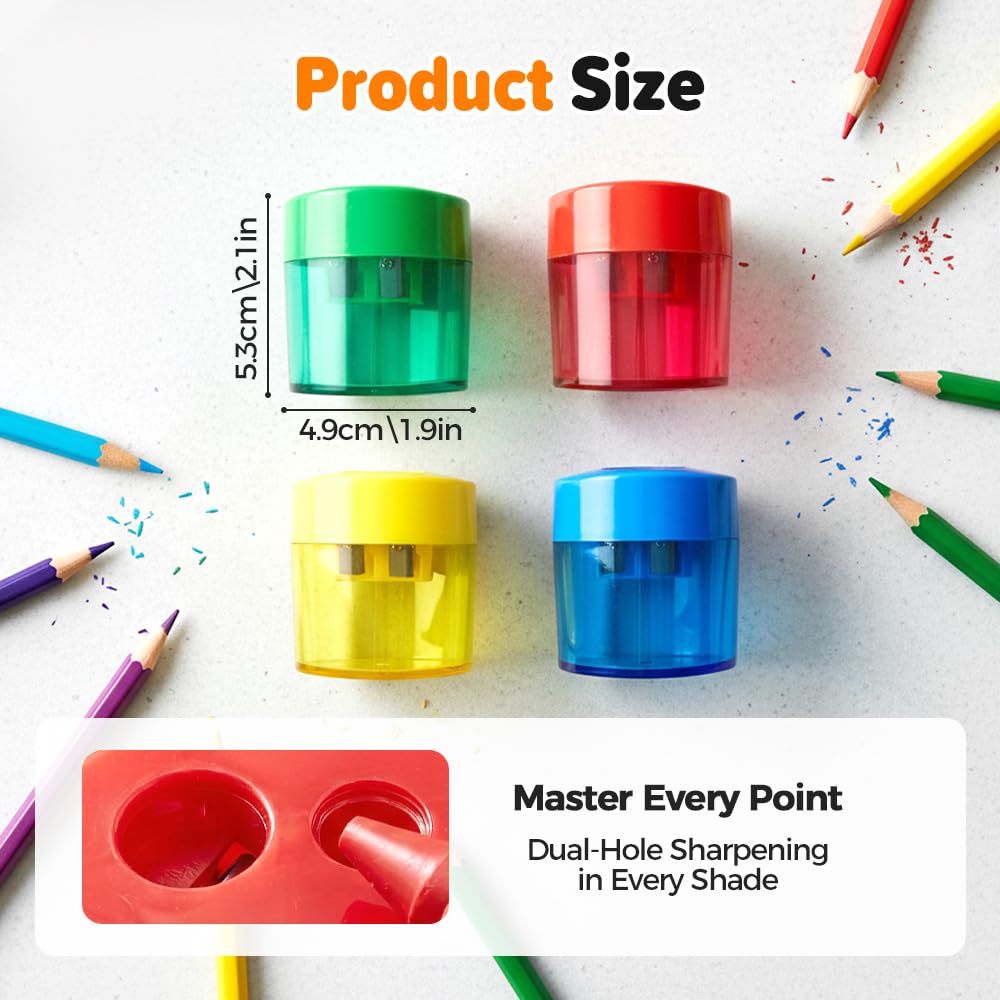 Pencil Sharpeners, 4 /8pcs Pencil Sharpeners Manual, Protable Dual Holes Compact Colored Handheld Pencil Sharpener with Lid for Artists Classroom School Office (4PCS-A)