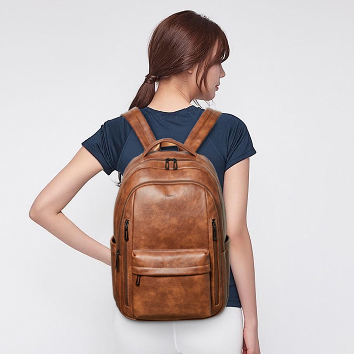 LATMAP 30L Backpack Purse for Women Men Laptop Backpack, Faux Leather Travel Work Backpack Teacher Bookbag fits 15.6" Laptop,Brown