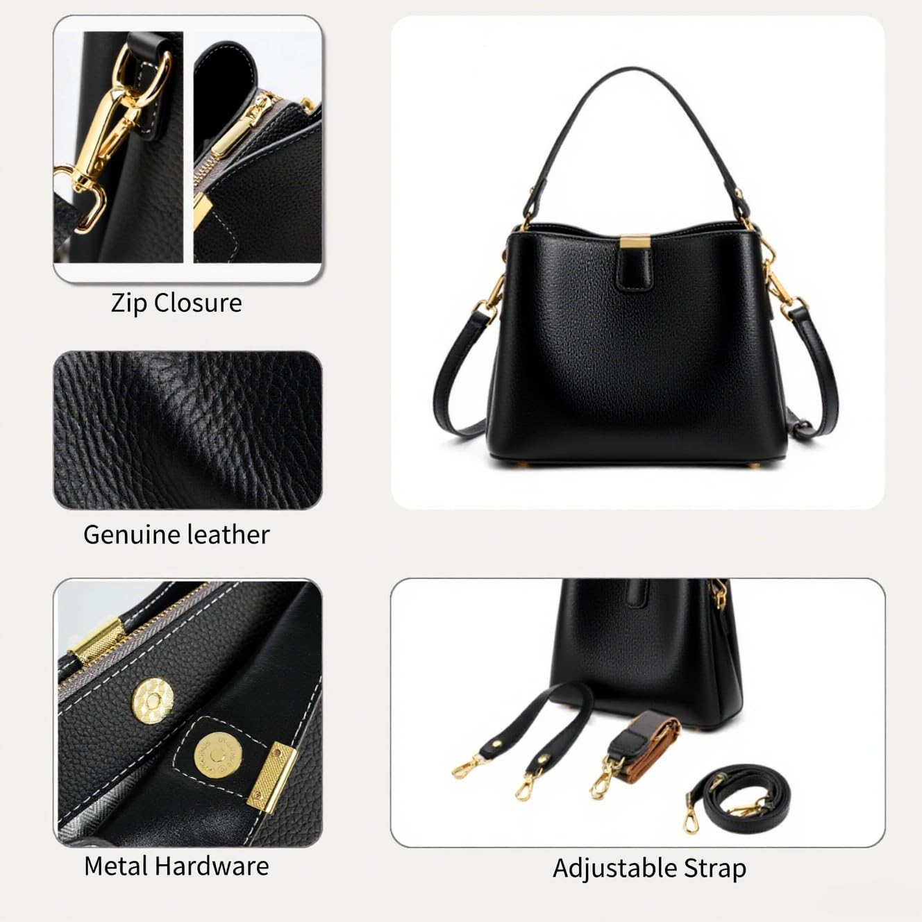Leather Bucket Bag for Women, Soft Crossbody Top-handle Purse with 2 Style Adjustable Straps, Spacious Daily Handbag for Work, Black