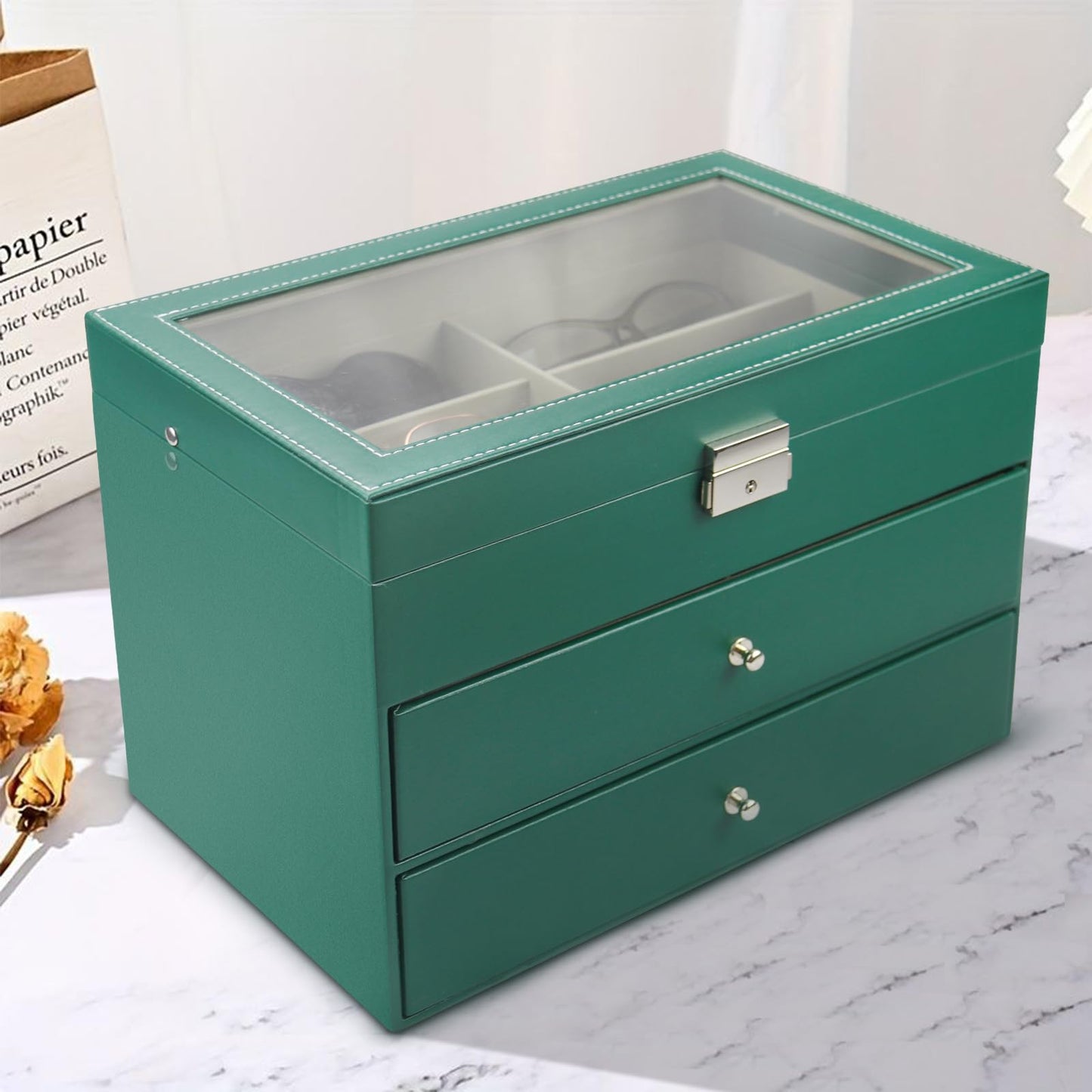 GRTCZYSL Sunglasses Organizer 18 Slots, Multiple Pairs Glasses Storage Case Leather Eyeglasses Display Box for Women Men -3 Layers, Green