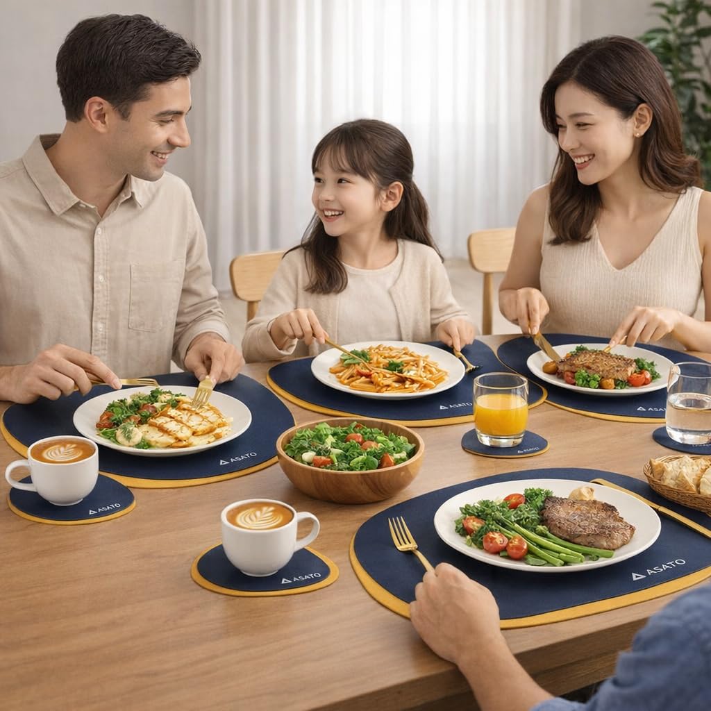 ASATO Premium Quality Leather Placemat and Coaster Set, Red, Oval Shape, 4 Large Placemats and 4 Small Coasters (Black&Brown)