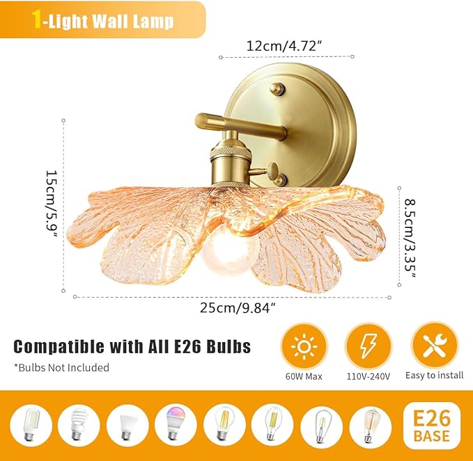 Gold Bathroom Vanity Lights Over Mirror Vintage Wall Sconces Light Wall lamp with Amber Glass Flower Shade mid Century Modern Vanity Light Bathroom Wall Sconces for Bedroom Hallway Living Room