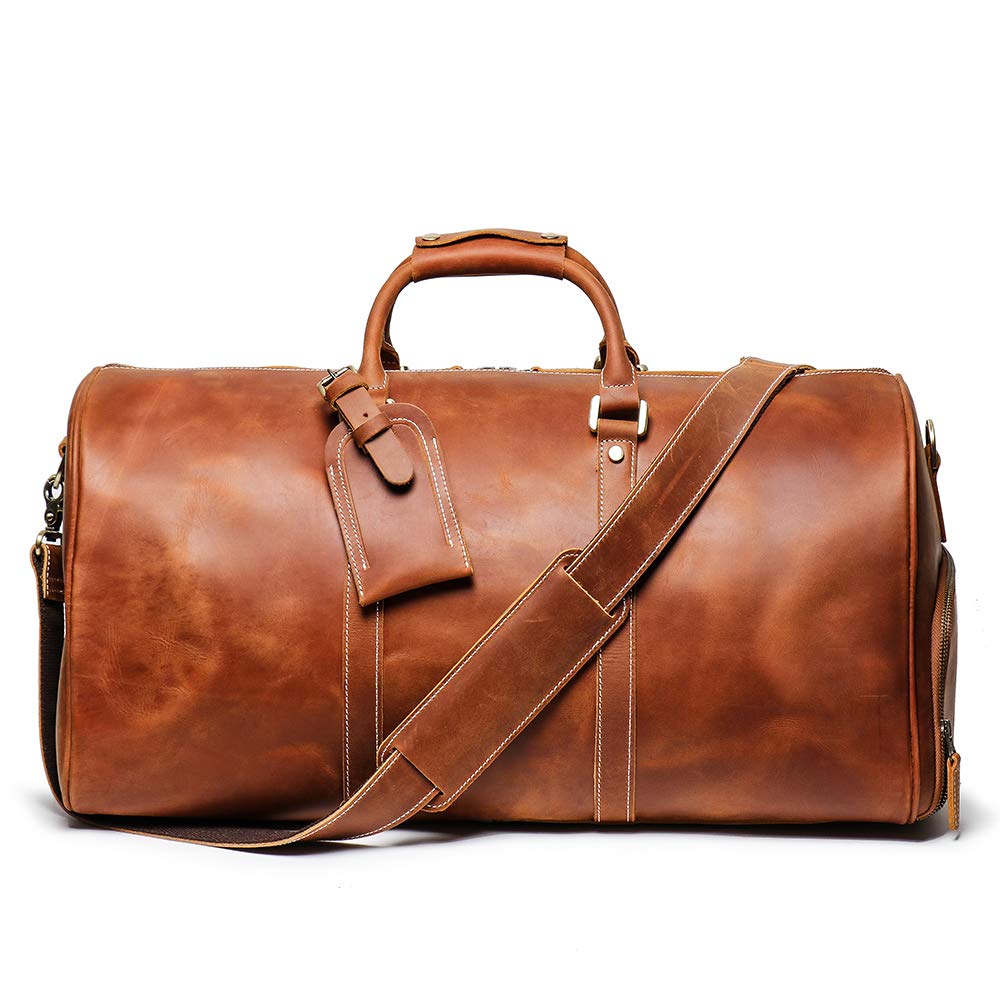 Leathfocus Leather Travel Duffel Bag, Mens Classic Gift Leather Weekend Bag Overnight Full Grain Retro Sport Gym Carry on Luggage YKK Zipper (Brown)