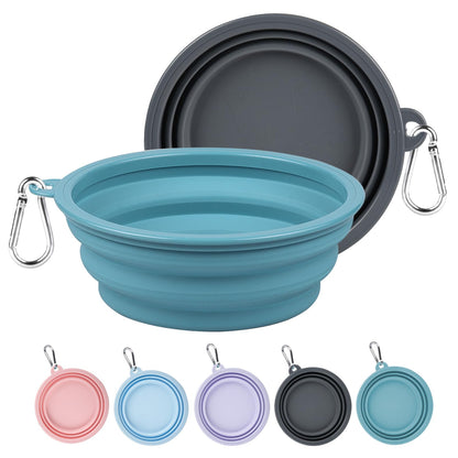 Kytely Collapsible Dog Bowls 2 Pack (650ml) - Portable Travel Pet Food & Water Bowls with Carabiner Clip, Foldable Feeding Dish for Dogs Cats, Hiking Walking Camping (Blue+Grey)