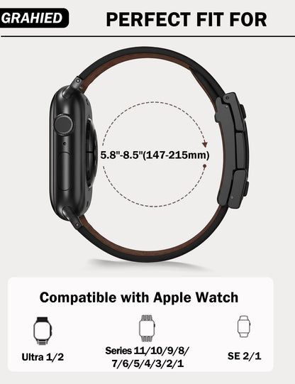 Genuine Leather Watch Band Compatible with Apple Watch Bands 49mm 46mm 45mm 44mm 42mm(S3/2/1), Daily Classic Magnetic Buckle Strap for Men iWatch Ultra SE Series 10/9/8/7/6/5/4/3/2/1(Black)