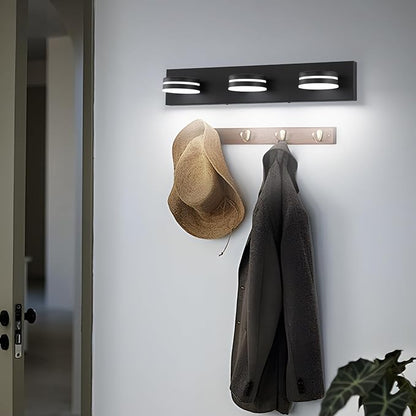Modern Black Bathroom Vanity Light Fixtures Over Mirror, 3-Light LED Bathroom Lighting Fixtures with 360°Rotatable Head, 24-Inch Vanity Wall Lights for Bath Restroom Powder Room