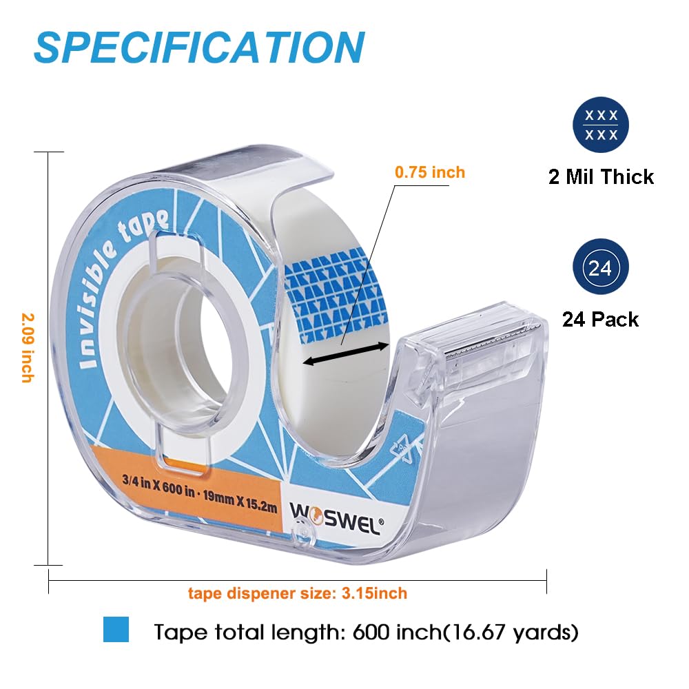WOSWEL Tape Refills with Dispenser, 36 Roll Invisible Tapes, 3/4 Inch X 600 in, Gift Wrapping Tapes Supplier for Home School Office Use