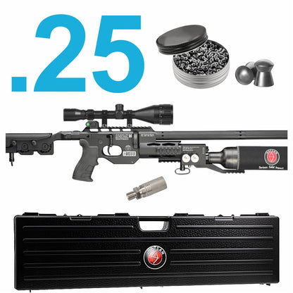 Hatsan TacBoss .25 Cal 905 FPS 37 FPE 14-Shot PCP Black Air Rifle, Side-Lever Action, 580cc Air Cylinder, Dual Pressure Gauges, QE Technology w/ Wearable4U 150x .25cal Pellets & Scope w/Mounts Bundle