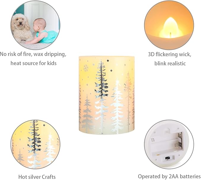 Christmas Flickering Flameless Pillar Candles with Remote Battery Operated Warm Light Silver Christmas Pine Tree Decal Real Wax Candle for Home Decoration Winter Party Gifts, Set of 3