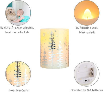 Christmas Flickering Flameless Pillar Candles with Remote Battery Operated Warm Light Silver Christmas Pine Tree Decal Real Wax Candle for Home Decoration Winter Party Gifts, Set of 3