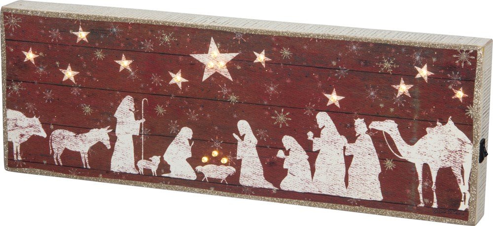 Primitives by Kathy Rustic Christmas LED Lighted Box Sign, Nativity Scene