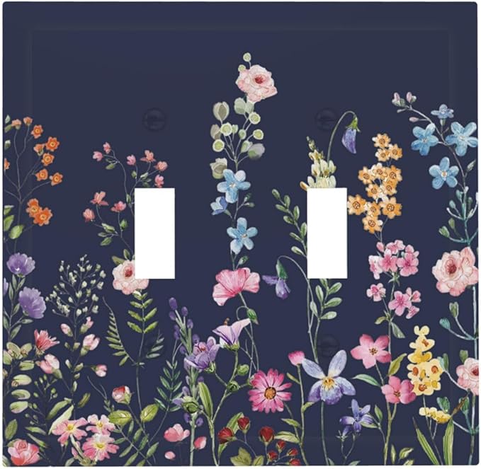 Rustic Wild Floral Darkground Vintage Watercolor Flower Double Toggle Light Switch Covers Decorative 2 Gang Wall Plate Dual Electrical Faceplate Switchplate for Kitchen Decor