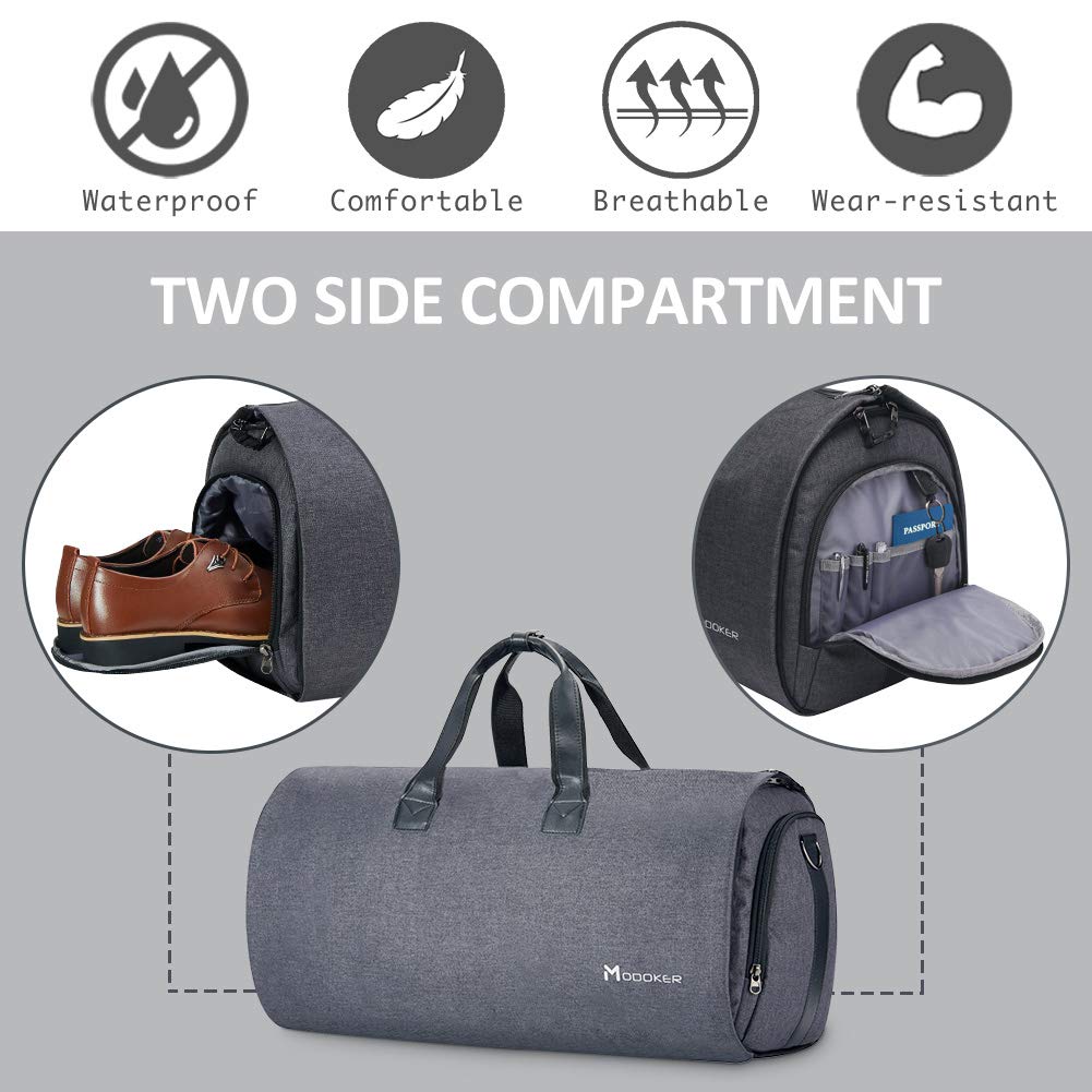 Modoker Convertible Garment Bag with Shoulder Strap, Carry on Garment Duffel Bag for Men Women - 2 in 1 Hanging Suitcase Suit Travel Bags, Black