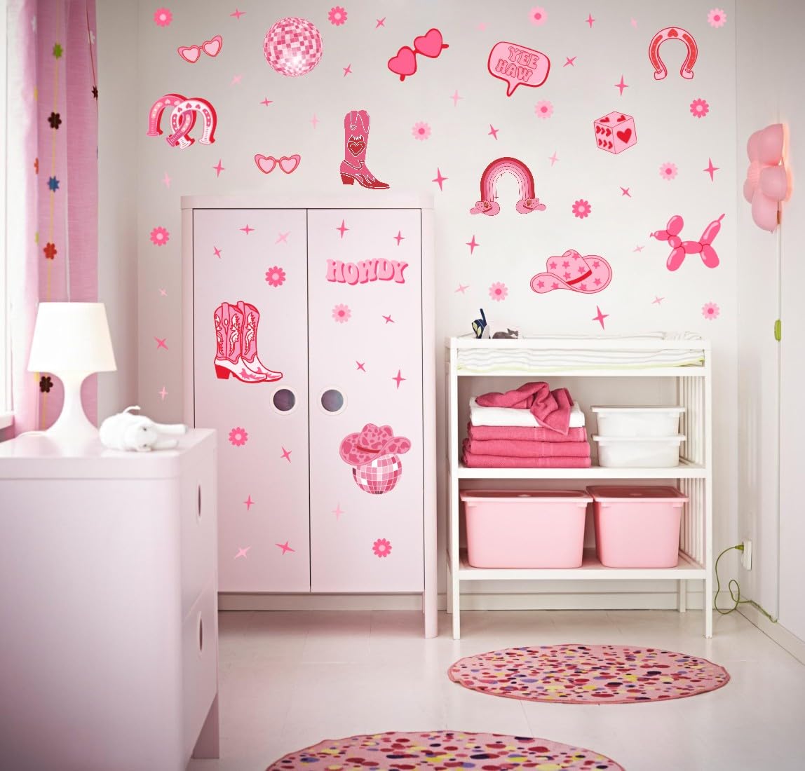 YIMEHDAN Pink Cowgirl Wall Decal, Boots Horseshoe Iron Hat Disco Ball Vinyl Wall Stickers, Removable Preppy Western Girls Artwork for Teen Bedroom Dormitory Decor