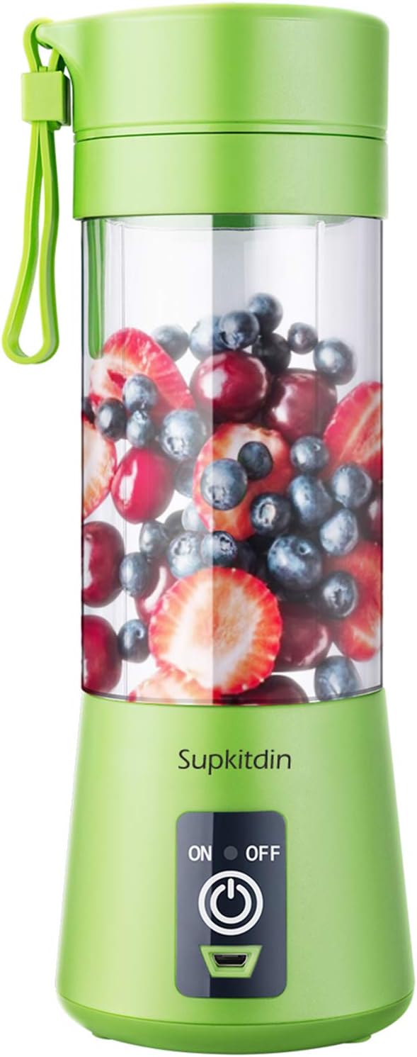 Portable, Personal Mixer Rechargeable with USB, Mini Blender for Smoothie, Fruit Juice, Milk Shakes, 380ml, Six 3D Blades for, 9.12x3.25x3.25 inch, Green