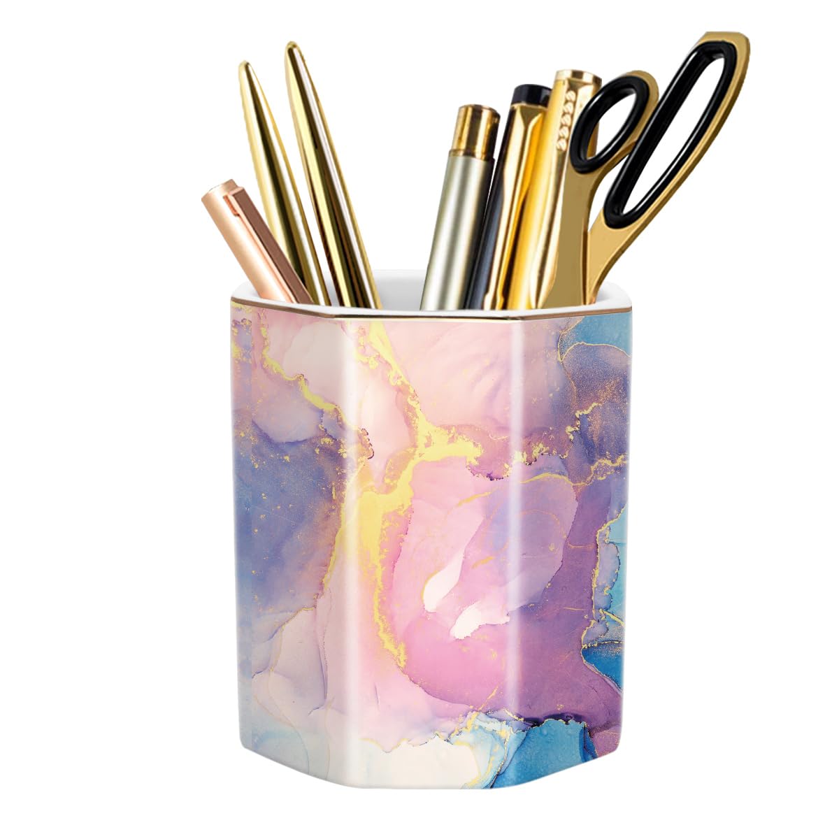WAVEYU Pen Holder for Desk, Cute Ceramic Pencil Holder, Pen Cup Marker Holder Makeup Brush Holders, Desk Accessories & Workspace Organizers for Office, Home, Gold