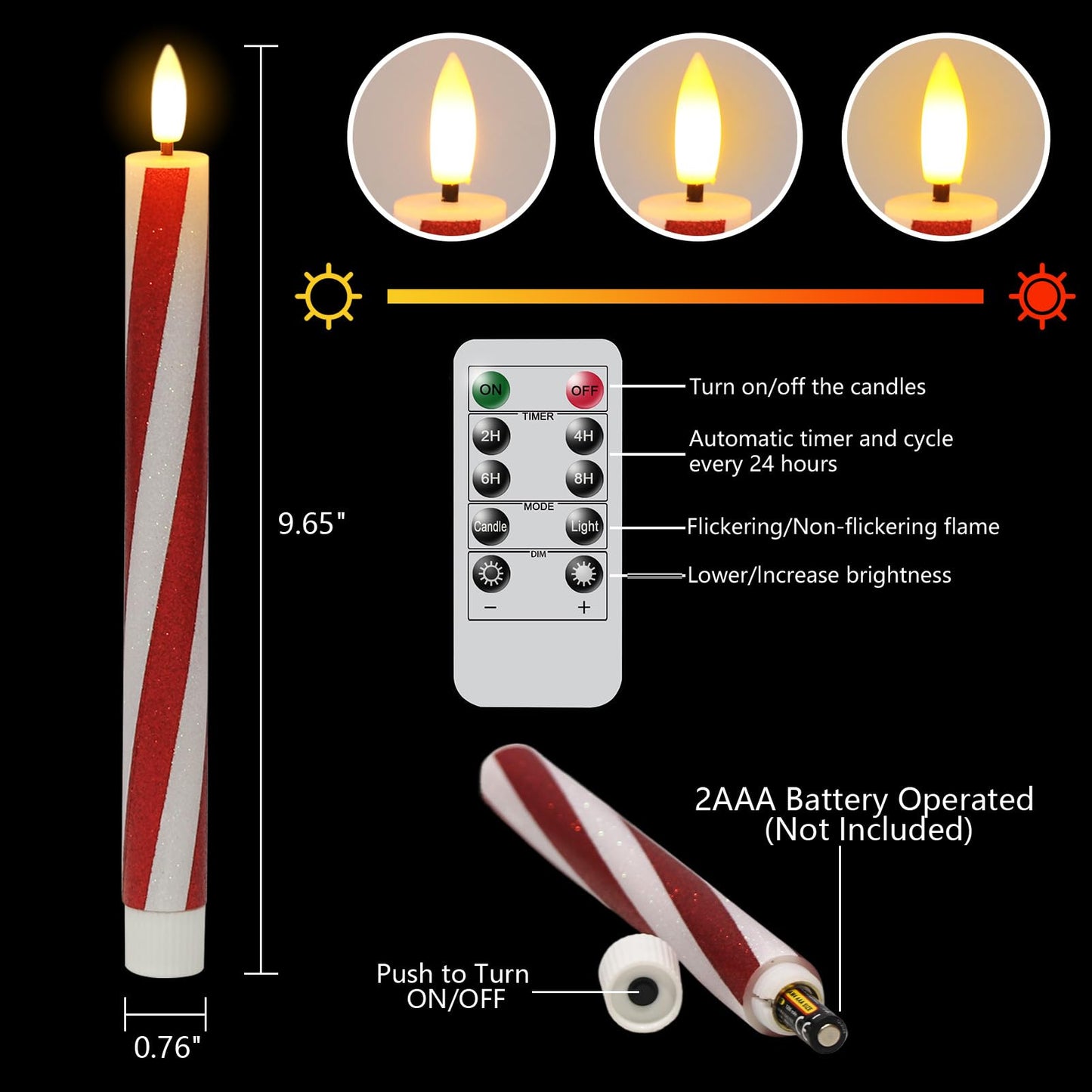 Wondise Christmas Flameless Taper Candles with Remote Timer, Battery Operated Candy Cane Candles Real Wax 3D Wick LED Christmas Candle for Xmas Centerpiece Thanksgiving Holiday Decor