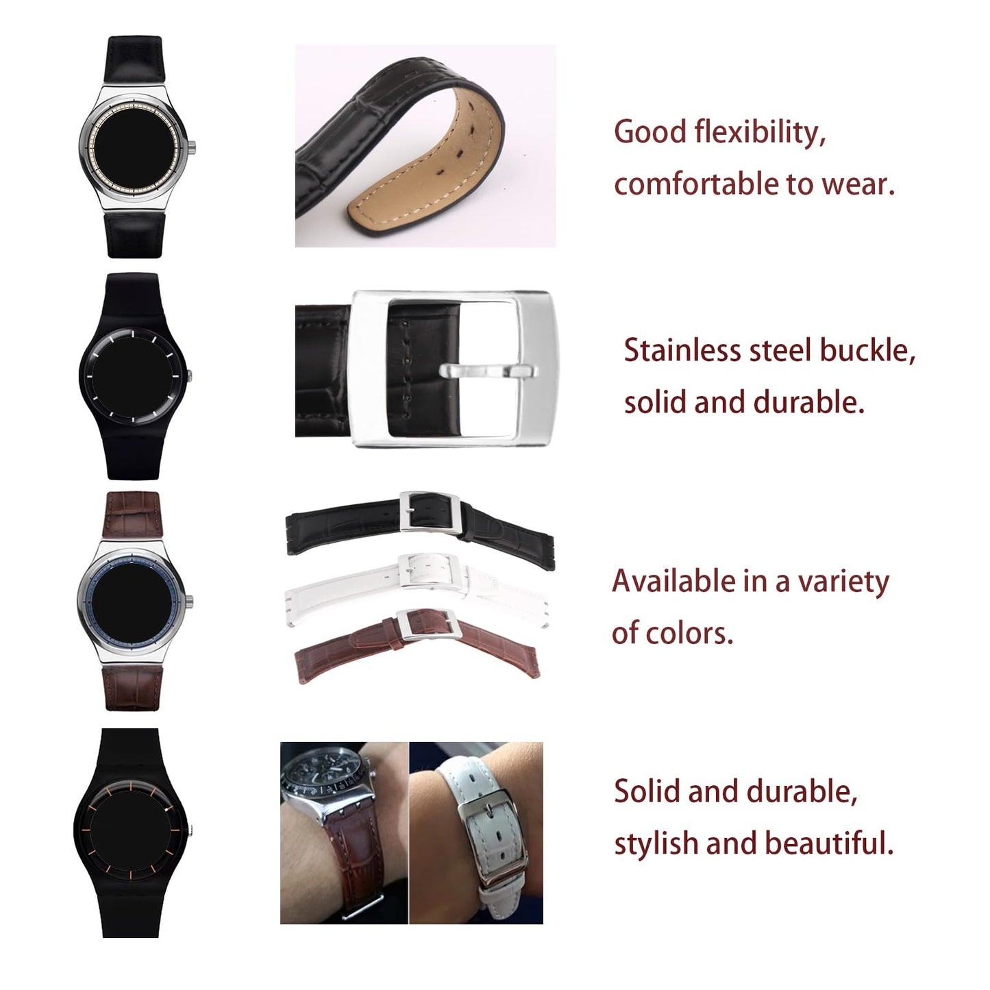 unilabo Leather Watch Band Compatible for Swatch 17mm 19mm (not for skin series) Strap Replacement for men and women wirst watchband, 19mm Black