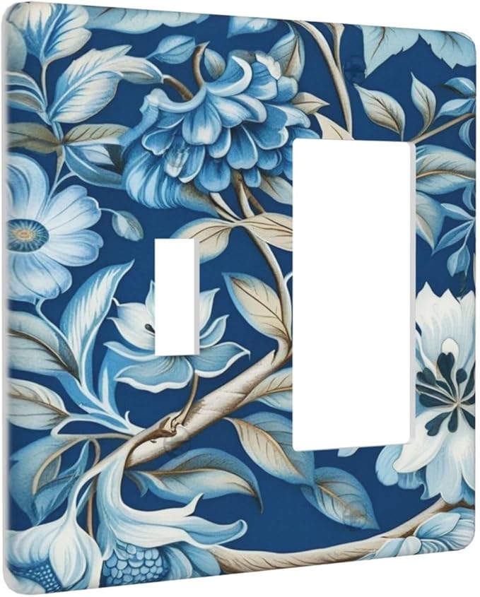Floral Pattern, Botanical Illustration, Blue Background, White Flowers, Blue Flowers, Branches, Leaves, Decorative Art