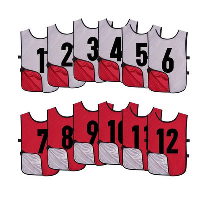 Saaifuu 12 Pack Reversible Numbered Pinnies, Double Sided Scrimmage Vest,Team Practice Jerseys for Kids and Adult(White/Red, XL)