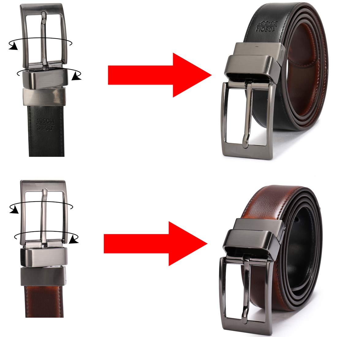 beltox fine Men's Dress Belt Leather Reversible 1.25" Wide Rotated Buckle Gift Box（Black Buckle with Cognac/Black Belt,30-32）