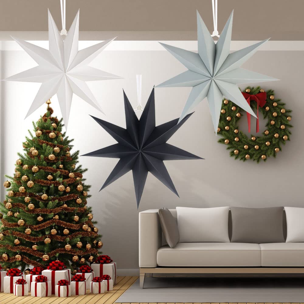 SUNBEAUTY 3 Pcs 9-Pointed Paper Star Lanterns 12 Inch Hanging Lampshade Wedding Birthday Christmas Home New Year Party Decorations