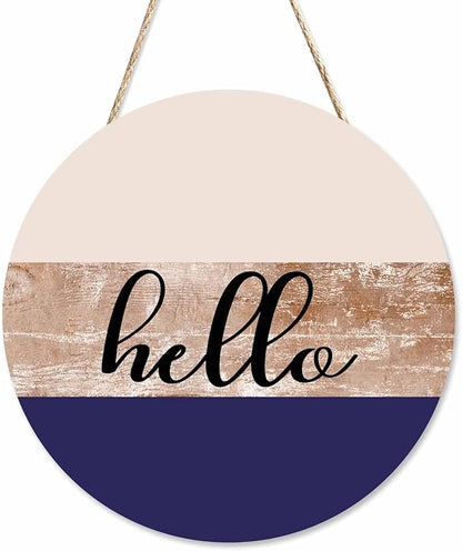 Welcome Sign for Front Door Porch Retro Beige Purple Hello 12in Round Wreath Wall Decor for Farmhouse Home Outdoor Indoor