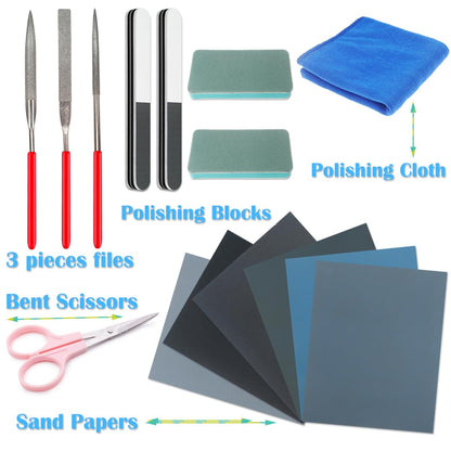 Sakolla15 Pcs Resin Casting Tools Set - Include Sand Papers, Polishing Blocks, Polishing Cloth, Round File, Semicircular File, Flat File and Scissors for Polishing Epoxy Resin Jewelry Making Supplies