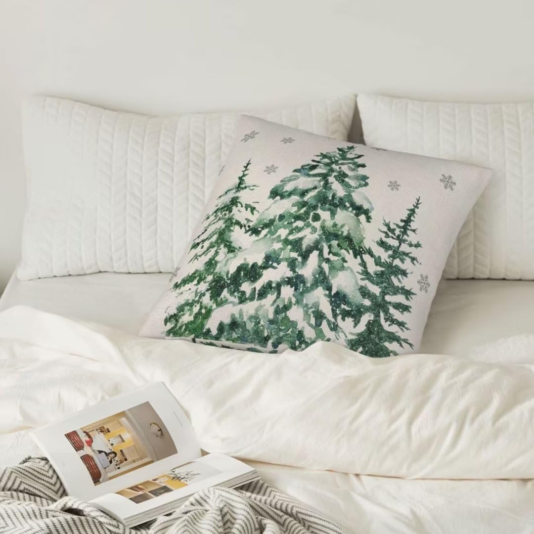 Sunshineyan Christmas Pillow Covers 16X16 Inch Set of 2 Forest Trees Christmas Decor Pillow Covers Green Throw Pillows Winter Christmas Cushion Cases Linen for Home Decor Sofa Couch Living Room