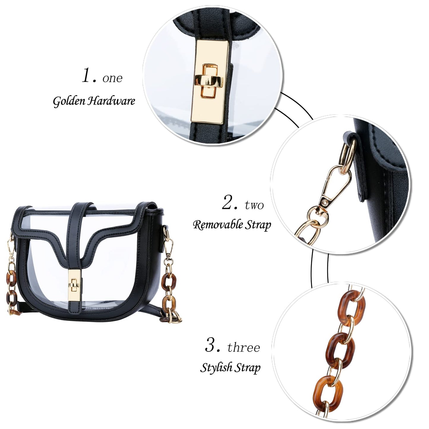 KKXIU Clear Crossbody Bag for Women Stadium Approved Vegan Leather Concert Shoulder Sports See-Through Purse (Black)