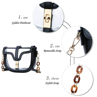 KKXIU Clear Crossbody Bag for Women Stadium Approved Vegan Leather Concert Shoulder Sports See-Through Purse (Black)