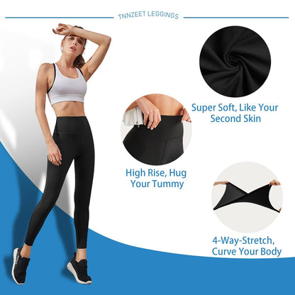 TNNZEET High Waisted Leggings for Women - No See Through Tummy Novelty Workout Yoga Pants with Pockets Reg & Plus