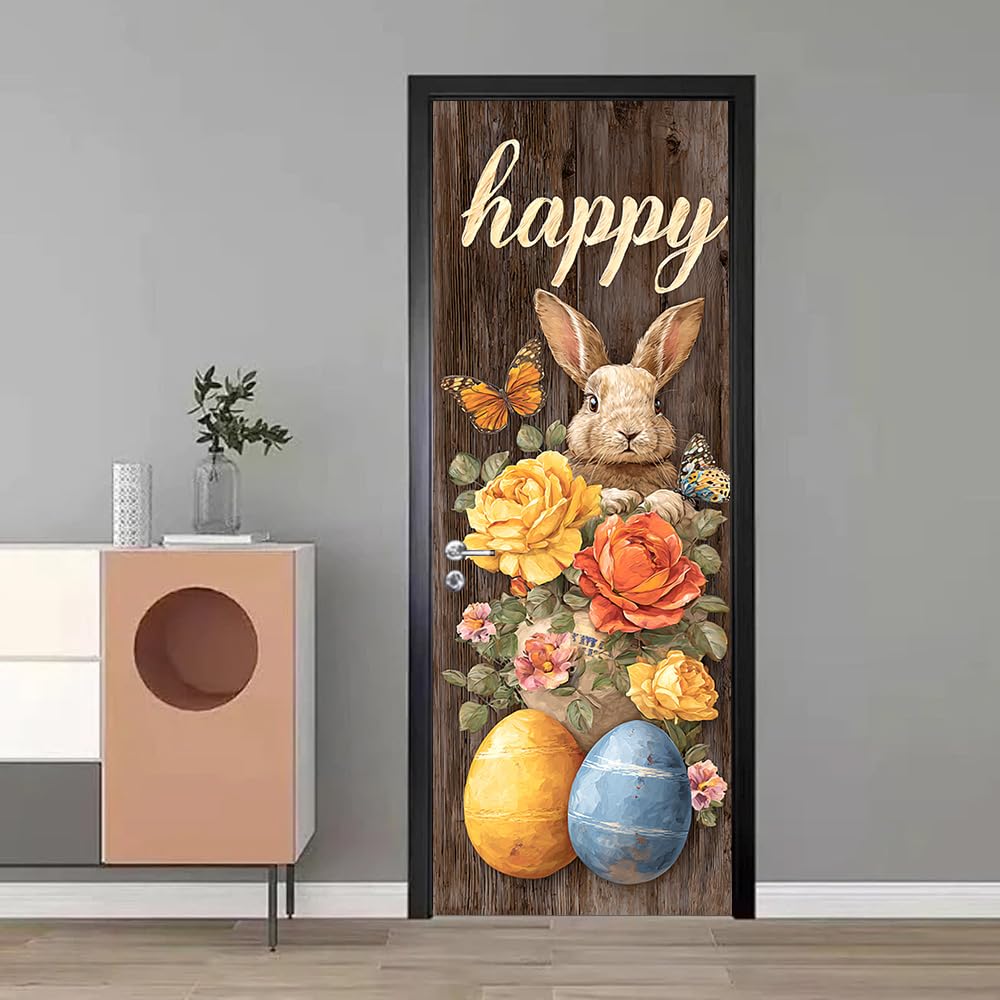 WDESYADMS PVC Self Adhesive Door Sticker 30.3x78.7 Inch Easter Bunny with Flowers and Eggs Design Peel and Stick Decorative Door Decal for Bedroom Living Room Entryway Spring Home Decor
