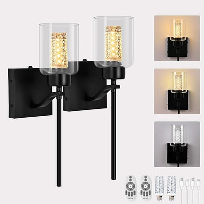 Glass Battery Wall sconces Set of Two with Remote, Stepless Dimmable Wireless Glass Wall Sconces with Crystal Bulb, Rechargeable Sconce for Bedroom, Black