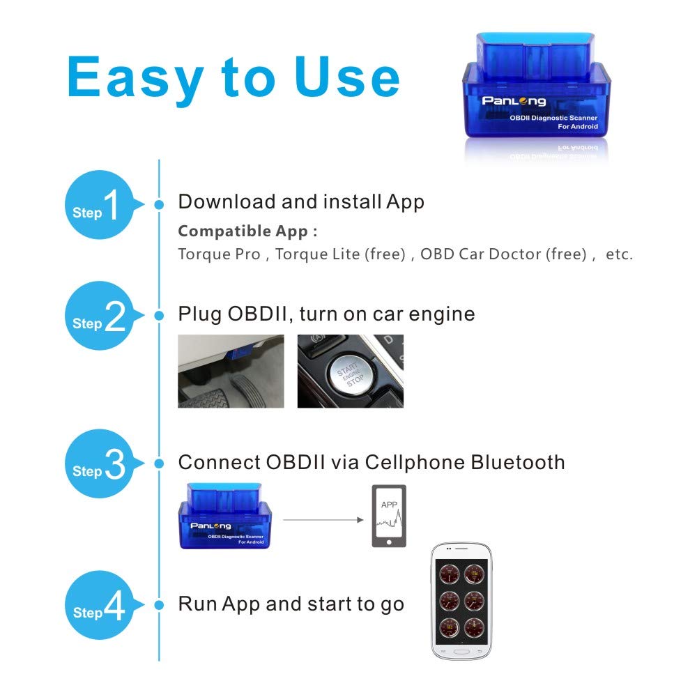 Panlong OBD2 Scanner Bluetooth OBDII Diagnostic Tool Car Code Reader Turn Off Check Engine Light Support Android Torque App