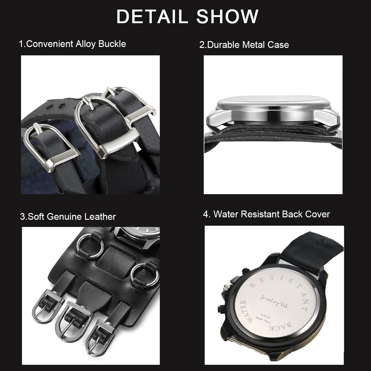 JewelryWe Black Hip-hop Gothic Punk Style Men Watch Wide Leather Fashion Cuff Wristwatch for Halloween