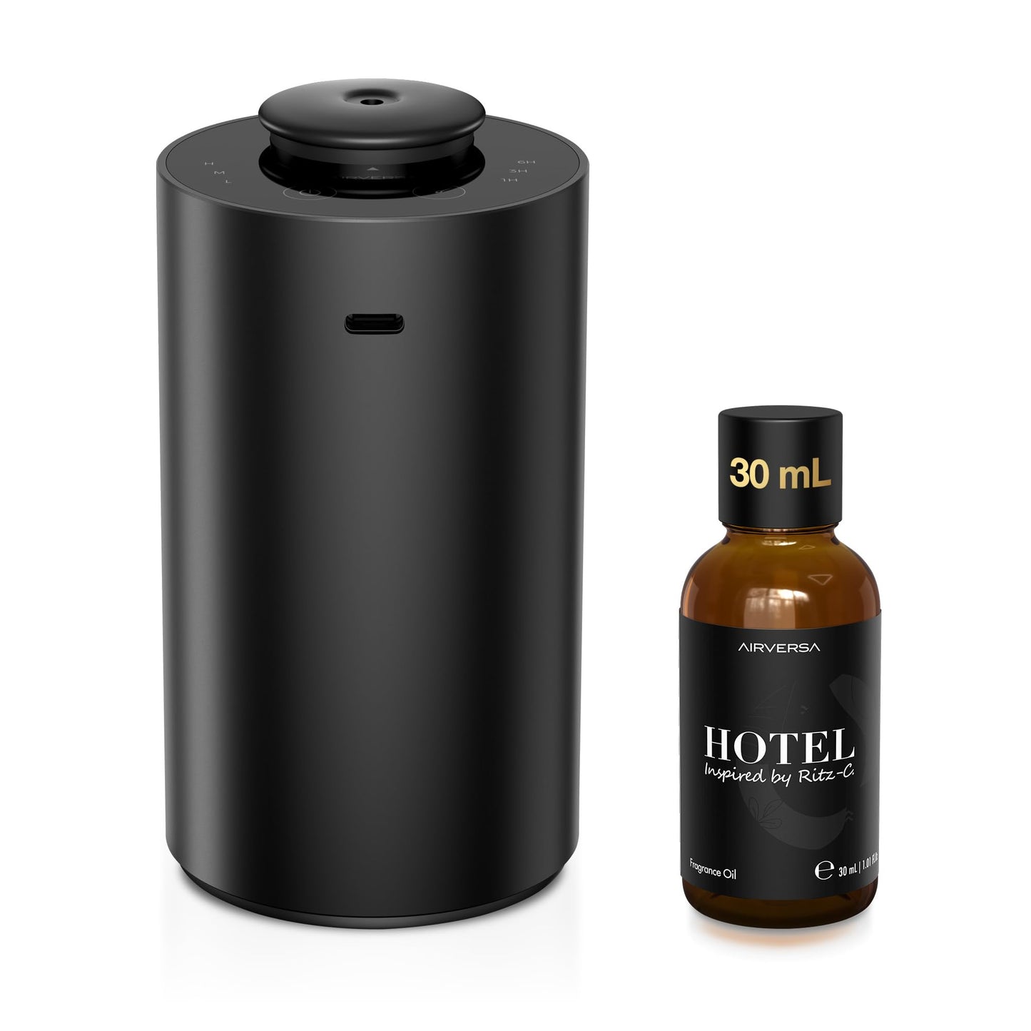 Waterless Essential Oil Diffuser Starter Kit with 30mL Hotel Scent Fragrance Oil Inspired by Ritz-C., Battery Operated Premium Portable Mini Scent Air Machine for Home Car Office, Black ANX