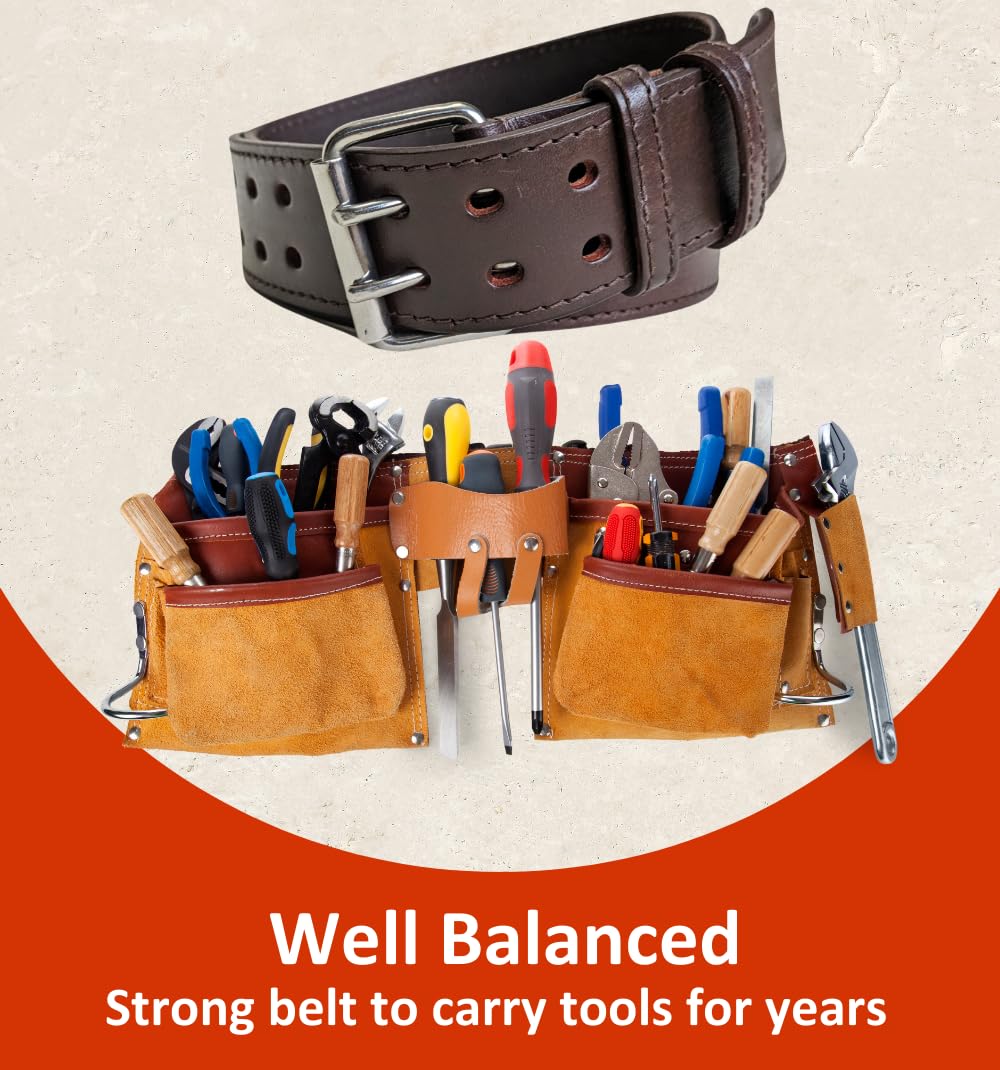 Leatherow 2 Inch Wide Leather Tool Belt for Men Work | Oil Tanned Adjustable Belt for Carpenters, Electricians, Contractors (Brown, 30"-46")