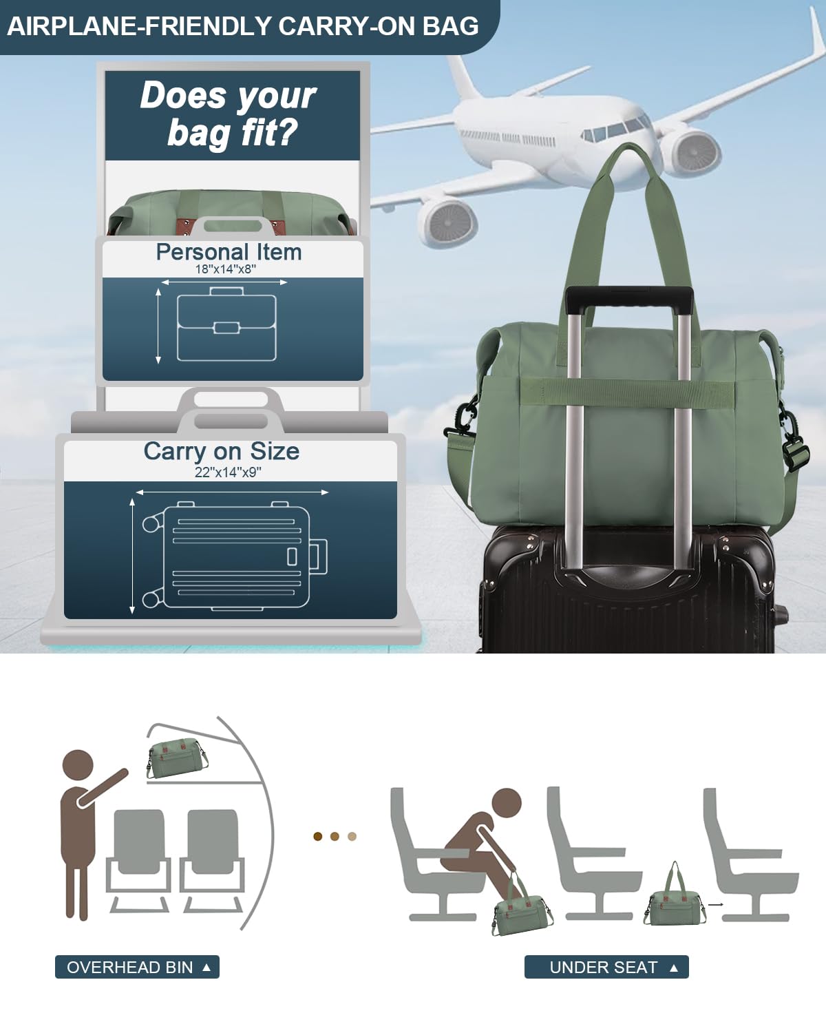 Pritent Travel Duffle Bag, Waterproof Weekender Overnight Hospital Bags for Women Men with Toiletry Bag Lightweight Personal Item Duffle Gym Bag for Travel, Airplanes, Sports(Green, Medium)