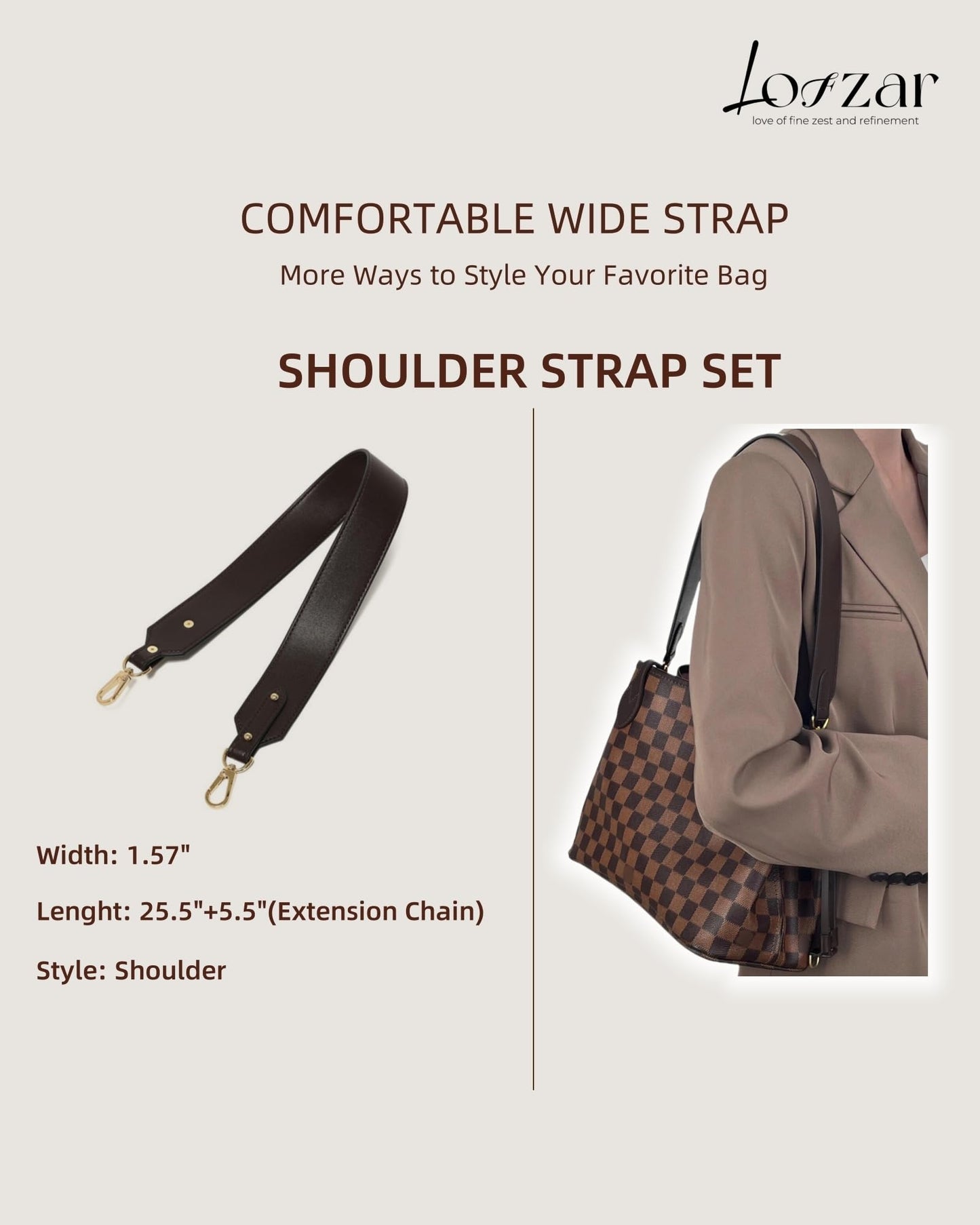LOFZAR Wide Vachetta Leather Replacement Bag Strap, Fits Neverfull PM/MM/GM Graceful and More (25.5" L, Dark Brown)