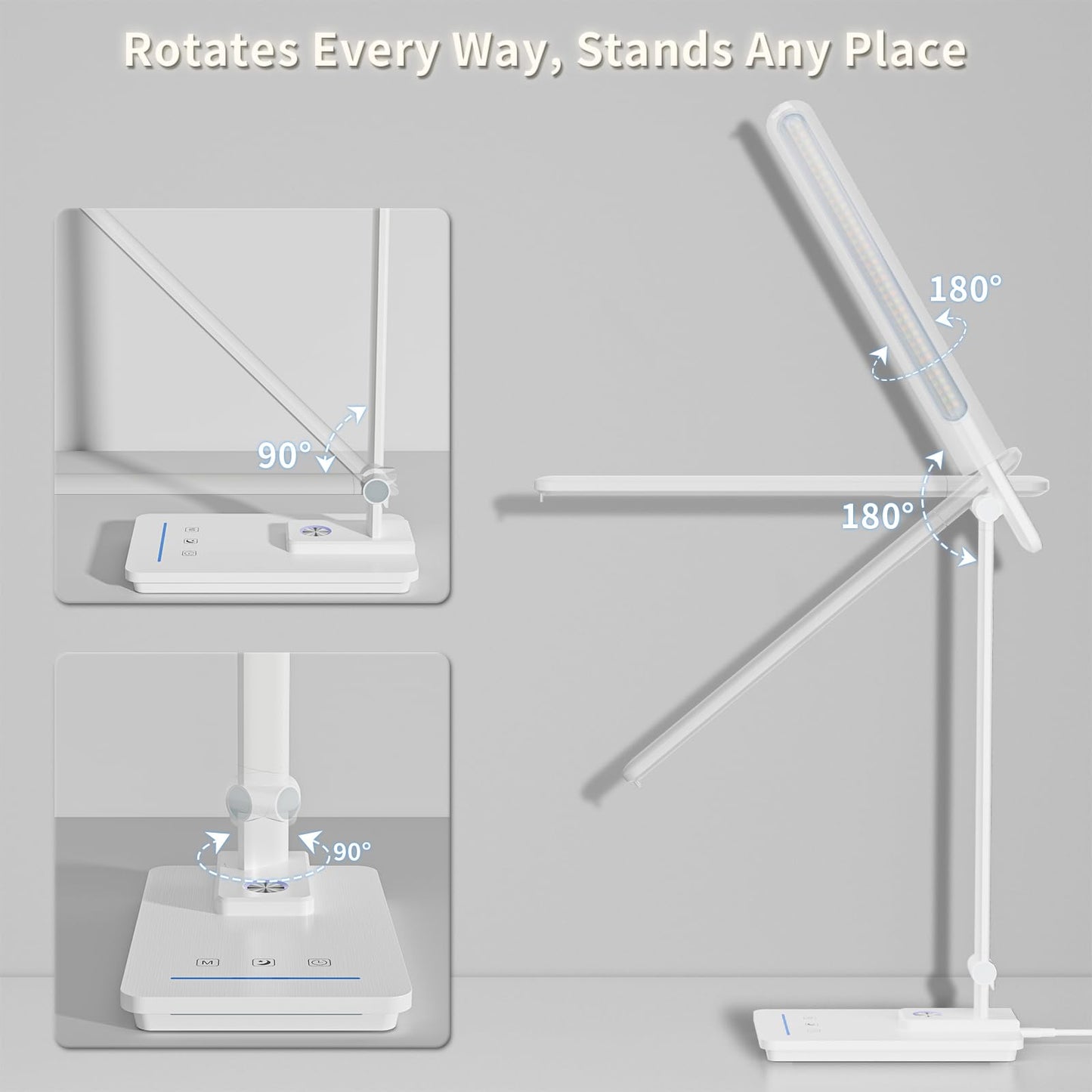 ELECTRI LED Desk Lamp, Touch Desk Light with USB Port, 5 Color & Stepless Dimming, 360° Rotatable ＆ Foldable, Reading Lamp for Table Study Work Office Nail Craft Puzzle(with Adapter) (White)