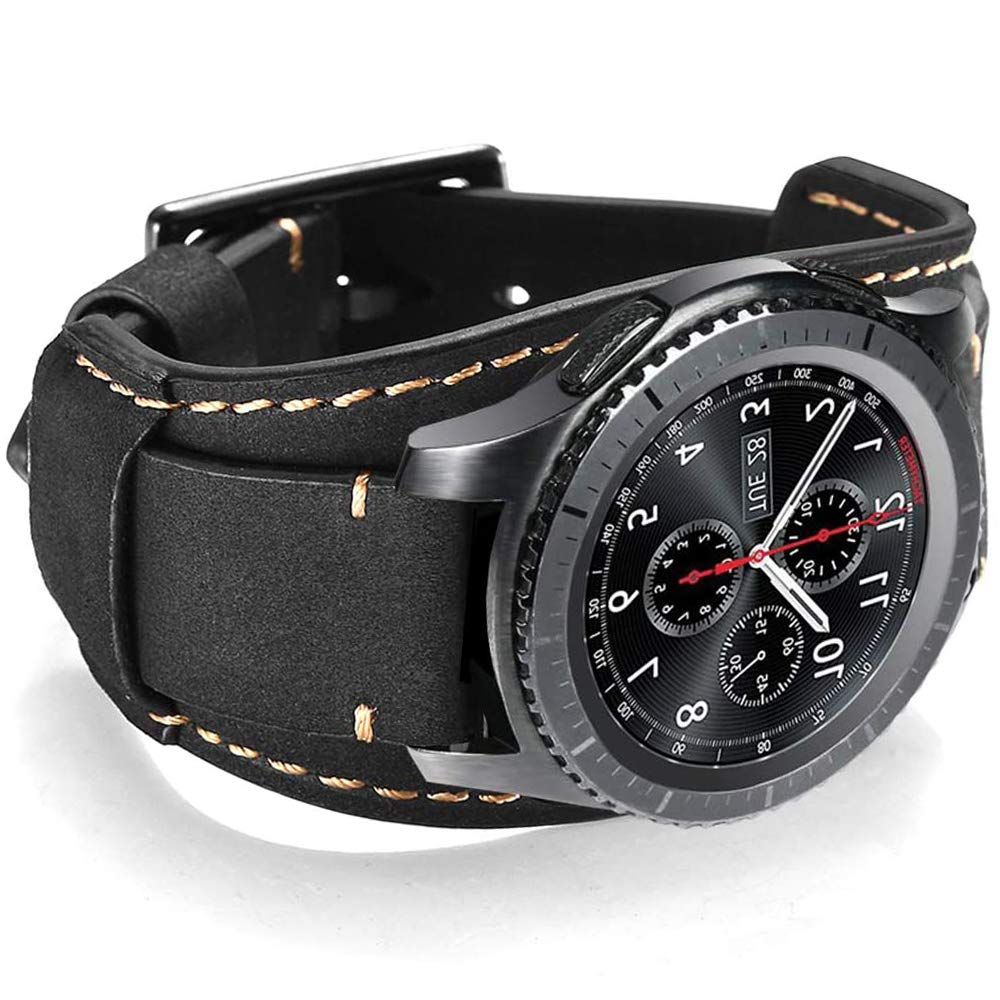 Sjiangqiao Compatible with Samsung Galaxy Watch 46mm/Gear S3 Frontier/Classic Bands, 22mm Vintage Genuine Leather Replacement Strap Cuff Bracelet Wristband Accessories Wrist Belt for Men Women(Black)