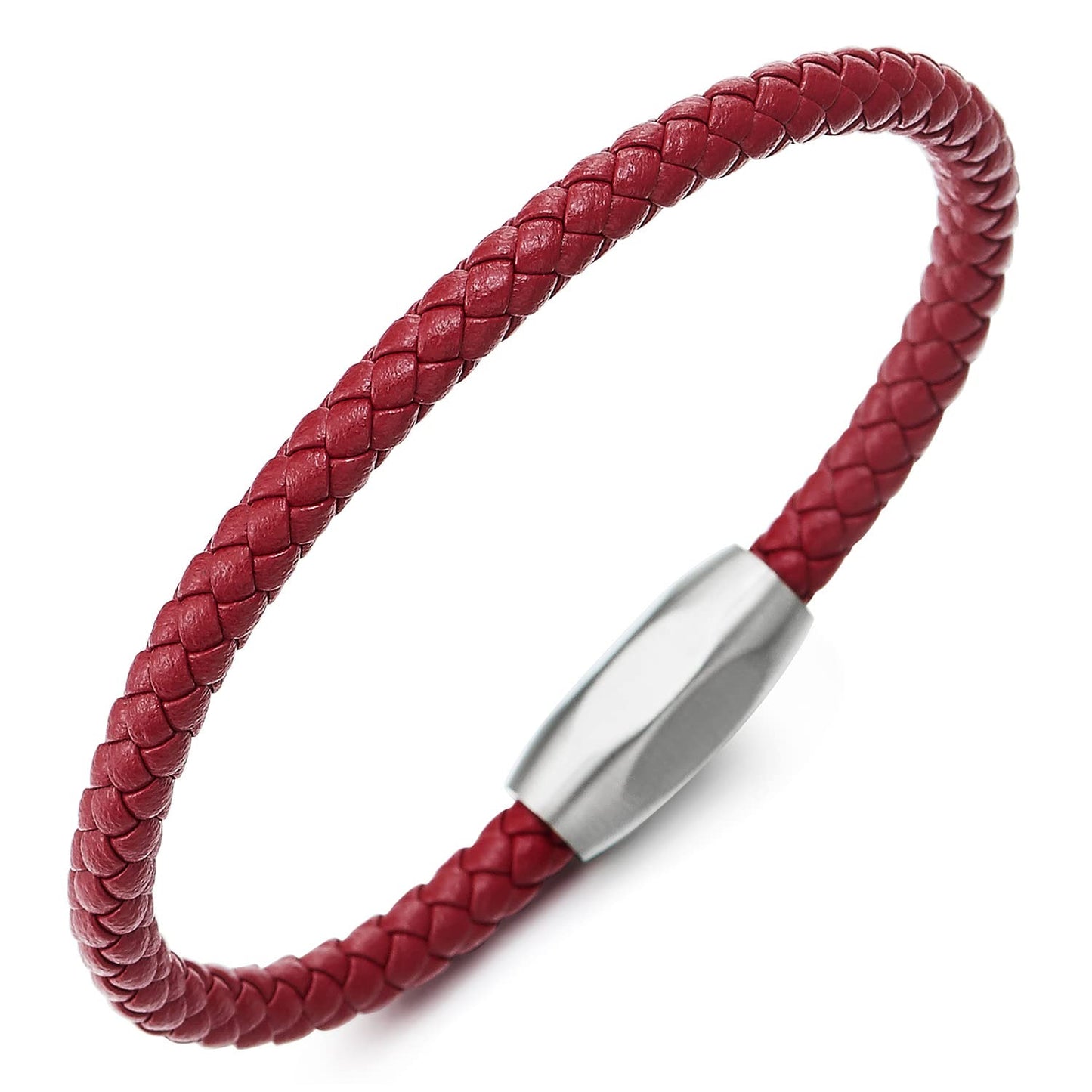 COOLSTEELANDBEYOND Mens Women Red Braided Leather Bracelet, Minimalist Single-Strand with Polished Stainless Steel Clasp, Everyday Casual Jewelry