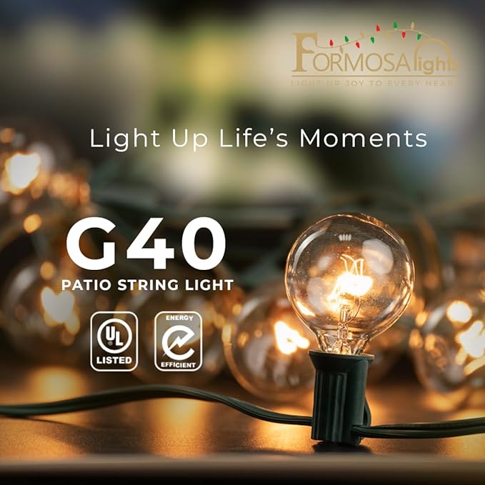 G40 26ft Indoor/Outdoor Clear Incandescent Christmas String/Patio Light with 25 Bulbs and E12 Base | 120V, 5W