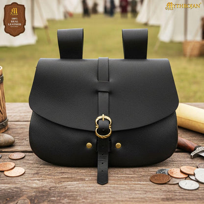 "Medieval Leather Belt Pouch Vintage Waist Bag for LARP, Renaissance Fairs, Costumes, Cellphone Holder, Travel Wallet, Fanny Pack, Holster Purse Durable & Stylish Pouch - Black, 6.2" x 7"