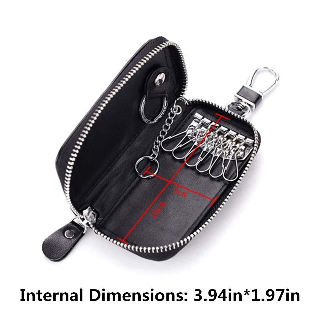 Genuine Leather Key Holder Bag with 2 Card Slots & 6 Hooks, Access Card Key Case Wallet for Men & Women (Black)